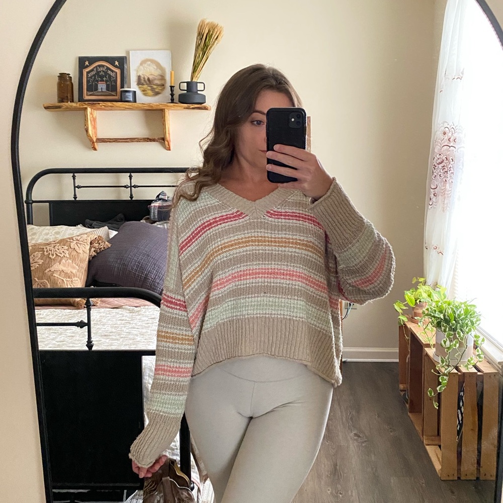 American Eagle Cropped Wide V-cut Colorful Striped Sweater — Women’s L